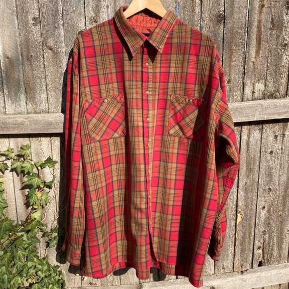 Vintage Red Ochre Plaid Shirt Flannel Lumberjack Work Shirt John Blair - Picture 3 of 14